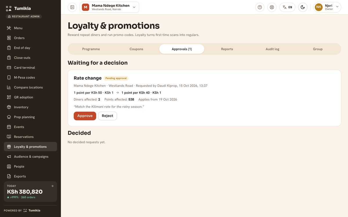 A loyalty change awaiting approval